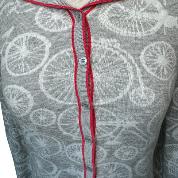KRIMSON KLOVER Bicycle Print Button Front Sweater Red Trim Medium - Picture 5 of 8
